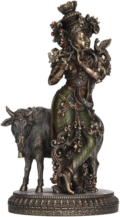 Veronese Design 10.5 Inch Hindu God Krishna and The Holy Cow Antique Bronze Finish Sculpture Figurine