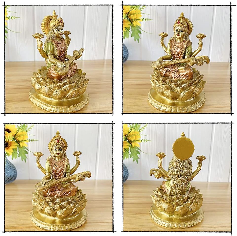 BangBangDa Hindu Goddess Lord Saraswati Statue - Indian Idol of Music Sitting on Lotus Sculpture - India God Figurine Home Mandir Temple Altar Shrine Yoga Room Decor Diwali Pooja Gifts