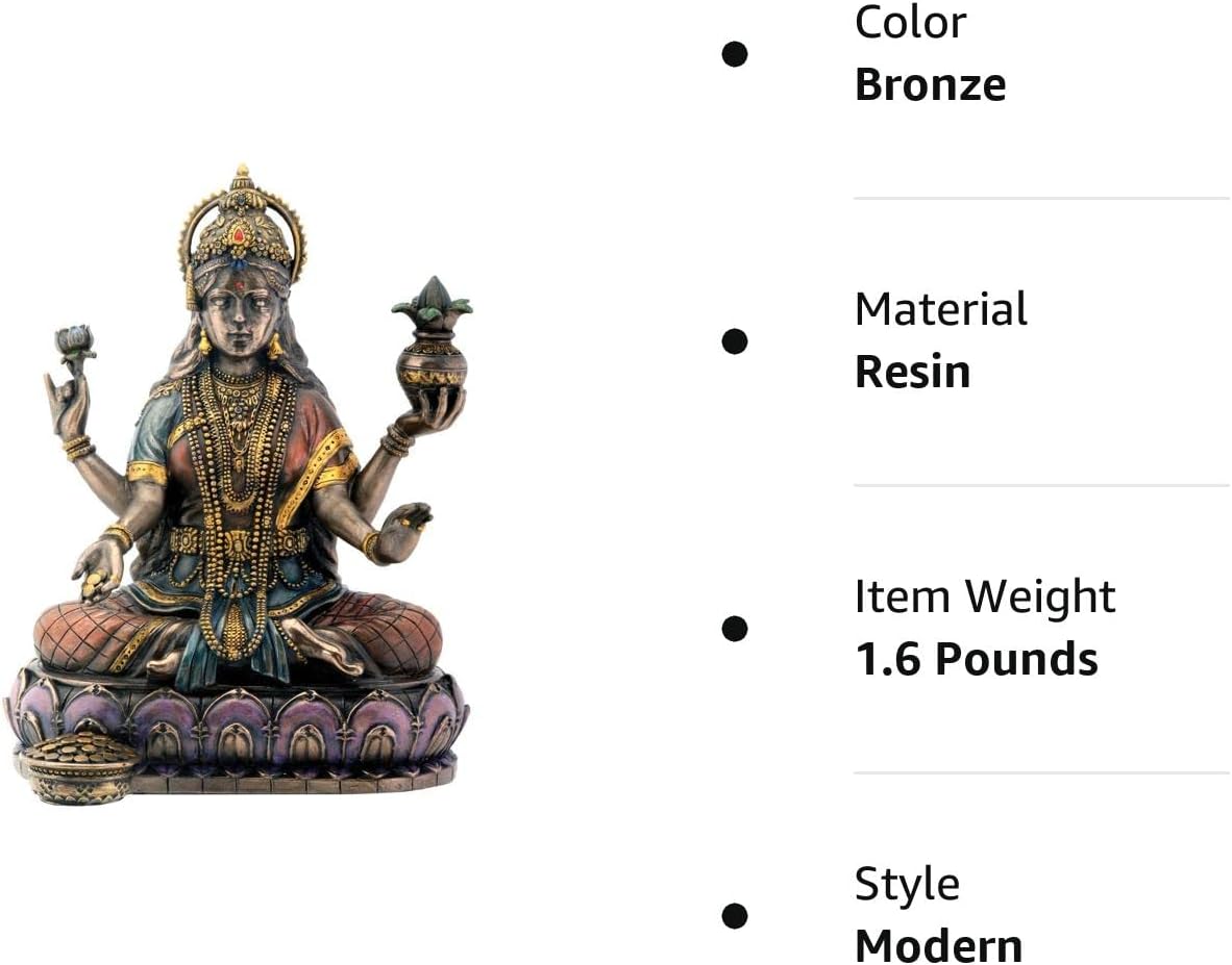 Bronze Hindu Goddess Lakshmi On Lotus Hinduism Display Statue
