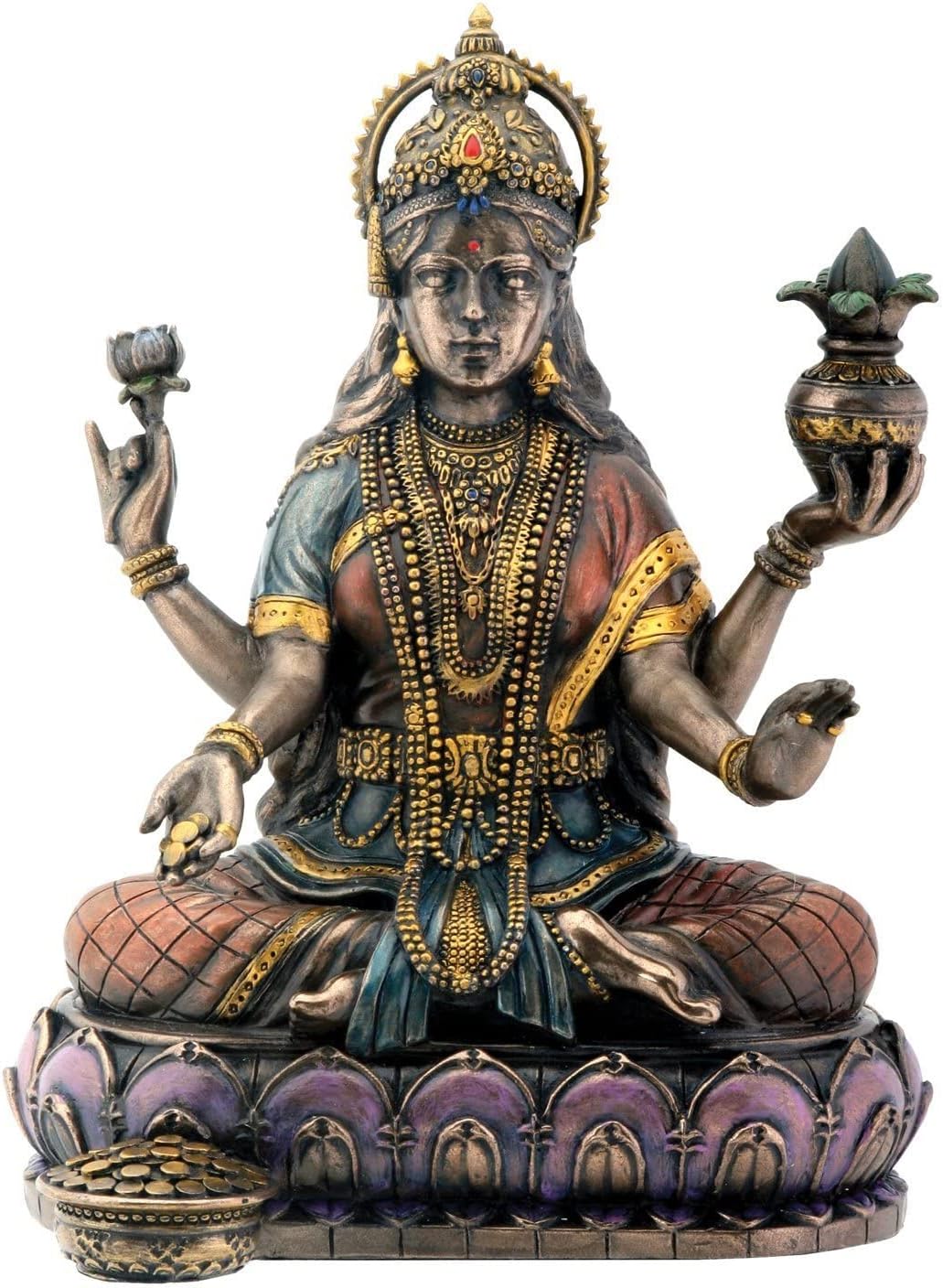 Bronze Hindu Goddess Lakshmi On Lotus Hinduism Display Statue