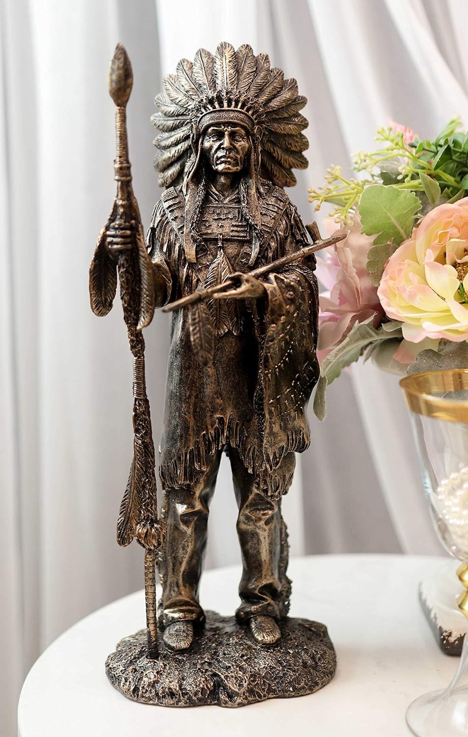 Ebros Native American Indian Warrior Tribal Chief with Battle Headdress Holding Spear and Chalumet Pipe Statue As Home Decor Sculpture Cultural Heritage History Figurine