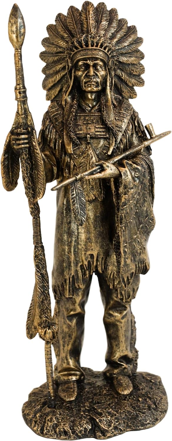 Ebros Native American Indian Warrior Tribal Chief with Battle Headdress Holding Spear and Chalumet Pipe Statue As Home Decor Sculpture Cultural Heritage History Figurine