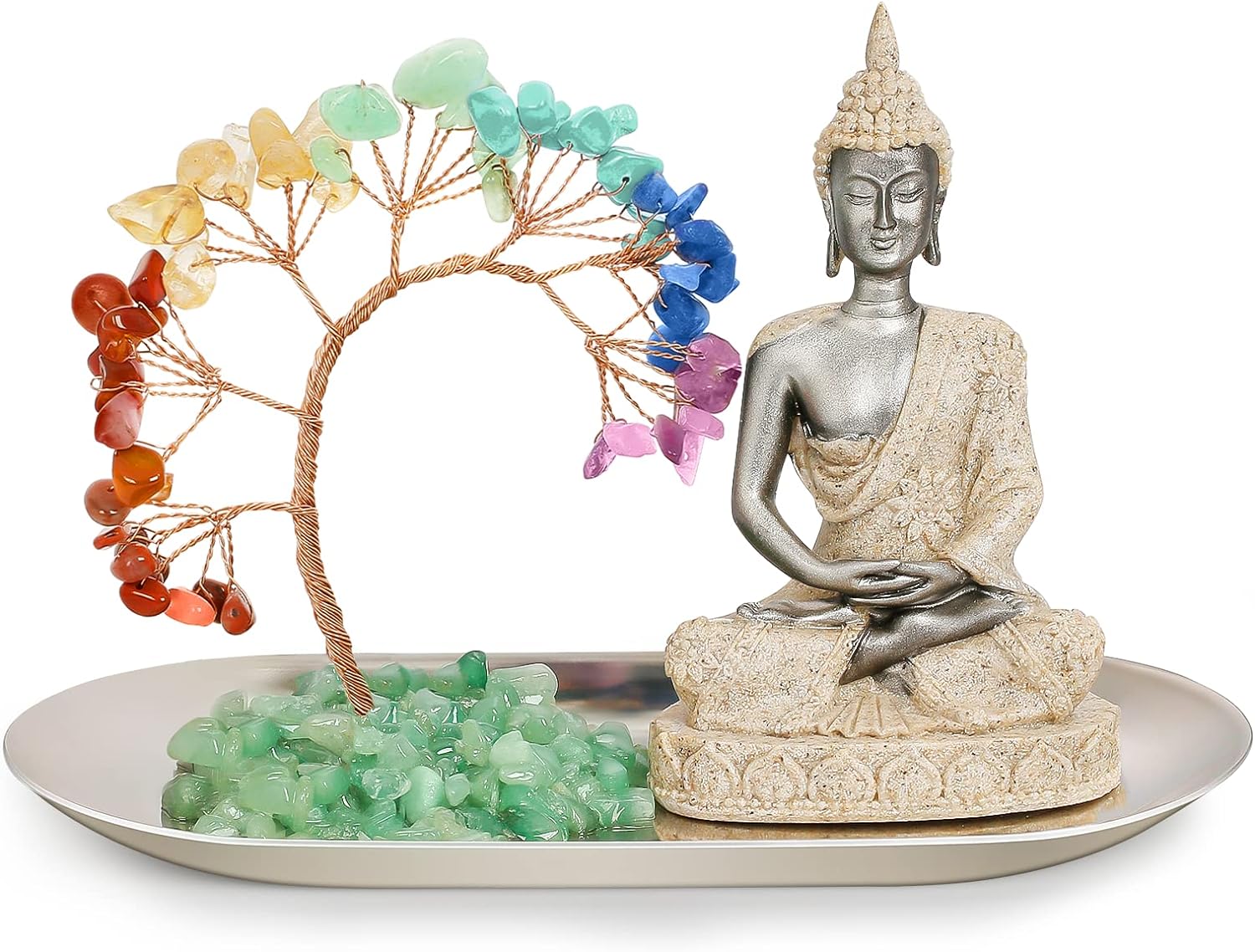 INNOLITES 7 Chakra Crystal Tree and Buddha Statue Set, Yoga Meditation Decor, Money Tree and Buda Statues for Home Living Room Office Shelf Decoration Wealth and Luck