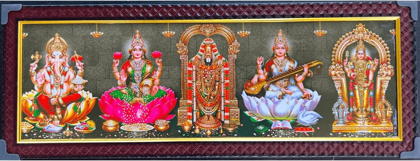 MangalFashions Five Hindu god and Goddess Photos with Wooden Frame for Pooja (Size 46 cm x 16 cm)