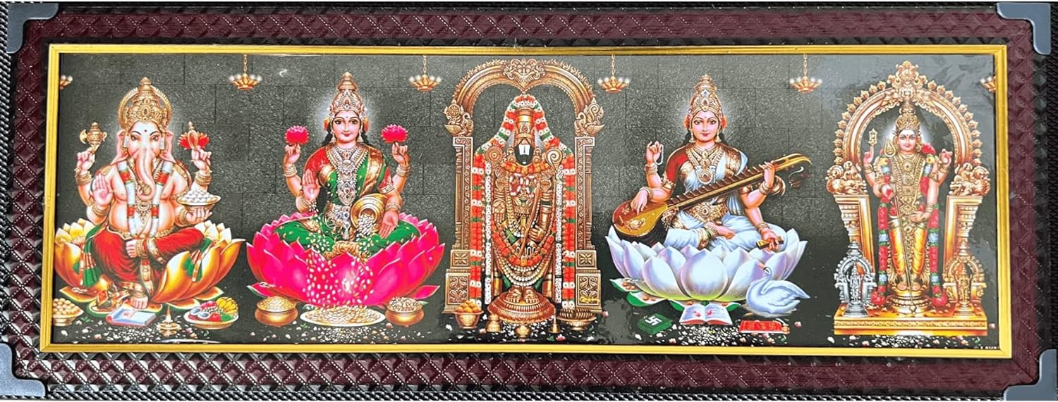 MangalFashions Five Hindu god and Goddess Photos with Wooden Frame for Pooja (Size 46 cm x 16 cm)