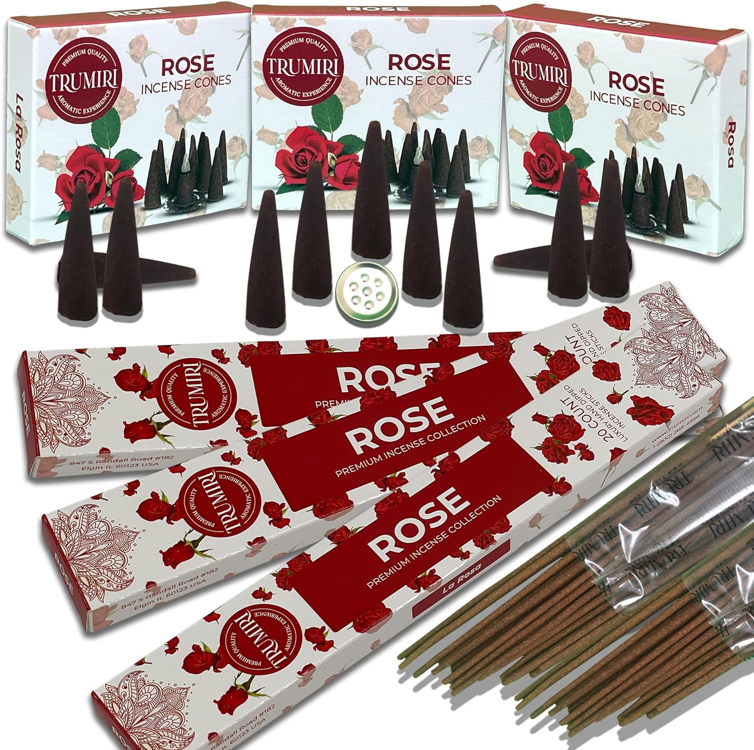 Rose Incense Sticks  Incense Cones Combo Pack - 60 Insence-Sticks + 30 Insence Cones - Inscense - Incense Cones Scented - Insents