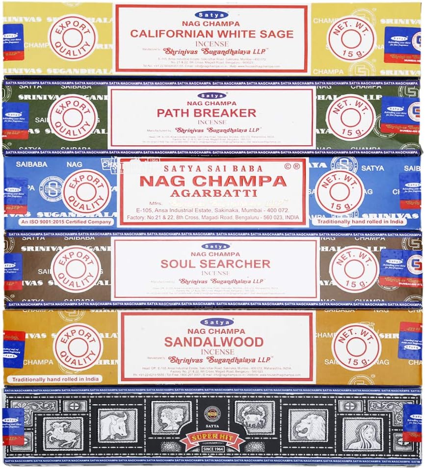 Satya - Set of 6 - Nag Champa, Super Hit,Path Breaker,Soul Searcher, Sandalwood, Californian White Sage 15 Grams