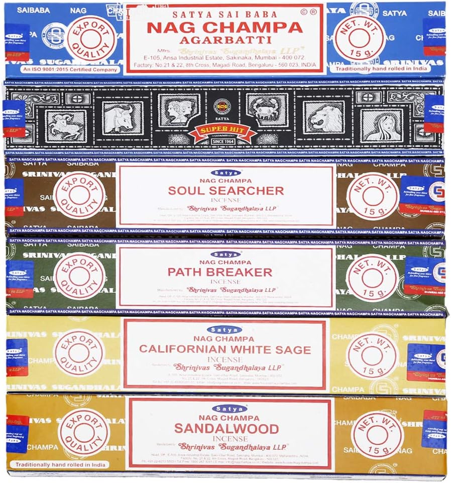 Satya - Set of 6 - Nag Champa, Super Hit,Path Breaker,Soul Searcher, Sandalwood, Californian White Sage 15 Grams