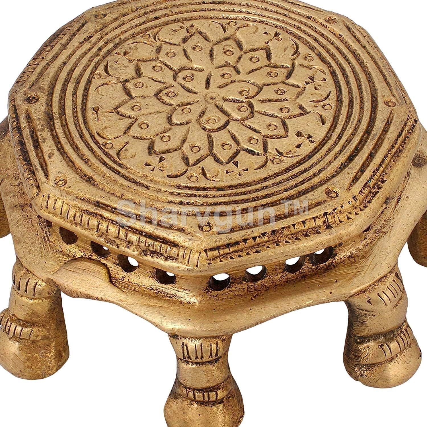 Sharvgun Brass Indian Chowki Pedestal for Hindu Gods Statues Sculptures (2.5-inch, Golden)