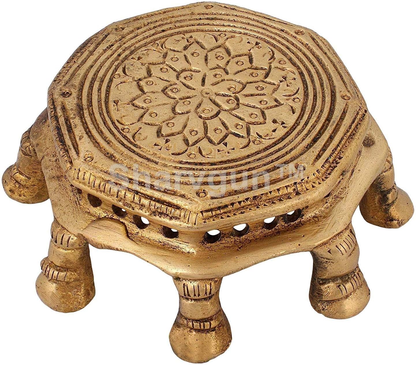 Sharvgun Brass Indian Chowki Pedestal for Hindu Gods Statues Sculptures (2.5-inch, Golden)