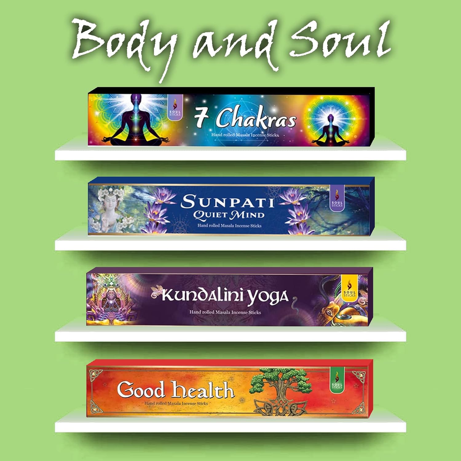 Soul Sticks Hand-Rolled Incense Sticks Variety 4 Pack | 100% Natural Masala Incense Organic Home Fragrance Agarbatti | 15 Grams Per Pack - 60 Grams Total (Spiritual Vibes)