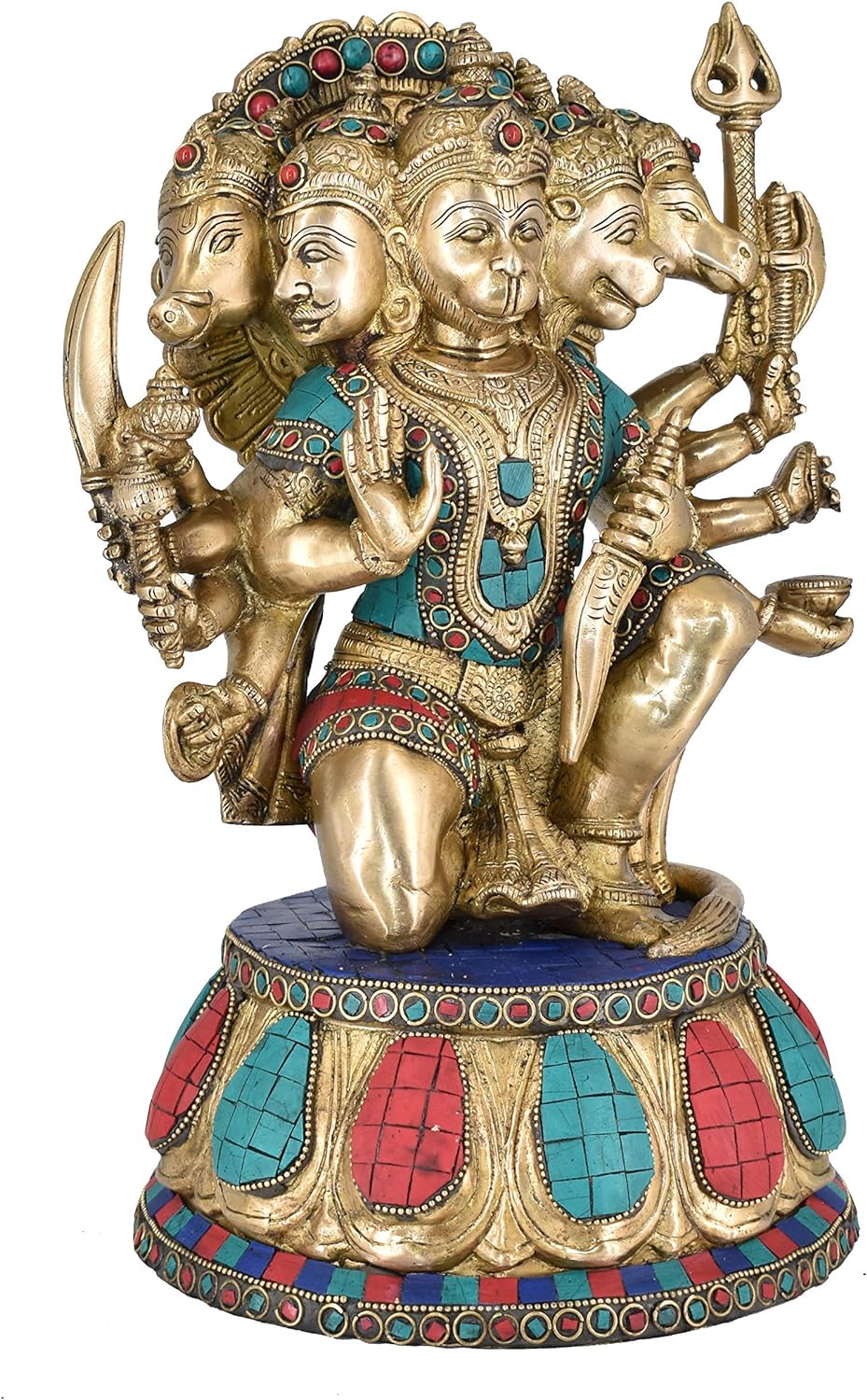White Whale Large Unique Five Face Panchmukhi Hanuman Brass Statue Inlay Gemstone Hand Work Big Hindu God Lord Idol Figure