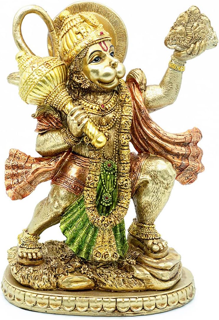 Hindu God Flying Hanuman Statue - Indian Lord Gold Finish - Flying Hanuman Carrying Herb Bearing Mountain - Idol Murti Pooja Sculpture - India Figurine for Home Temple Mandir Decor