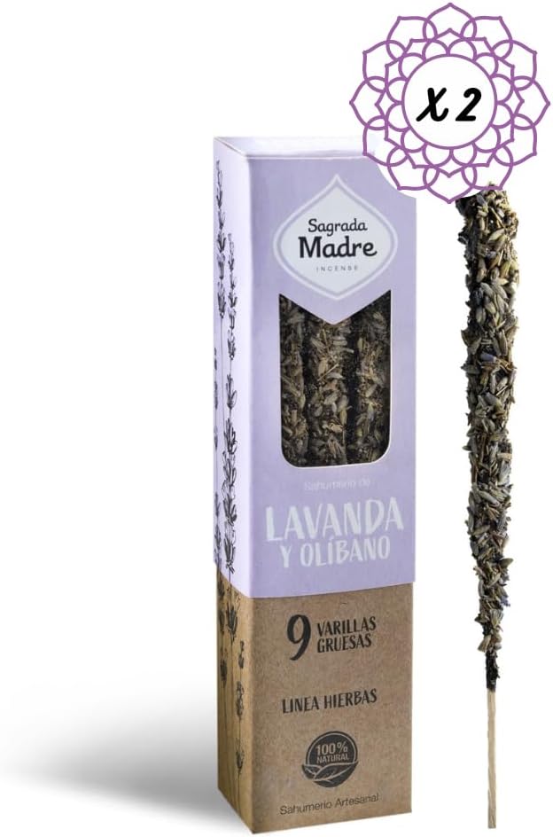 Sagrada Madre Lavender Natural Fine Incense Stick. 100% Sustainable. Natural Organic Herbs. Handcrafted. Vegan. Eco. Two Boxes of 9 Units Each. 18 Units in Total. Made in Argentina.